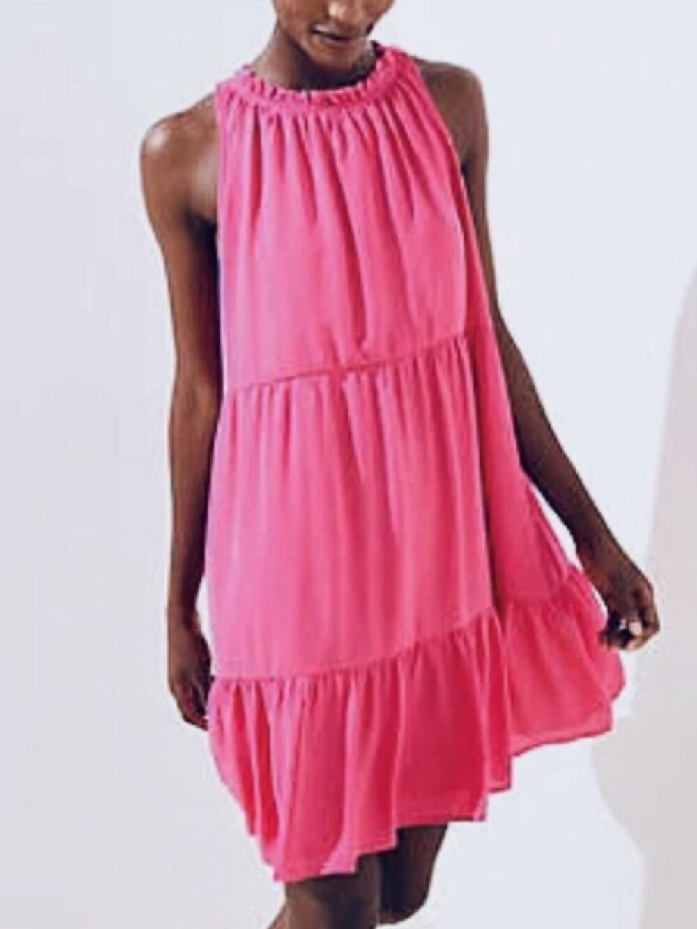 LOFT Hot Pink Ruffle Neck Tiered Swing Dress Sz XS Sleeveless Keyhole Back
